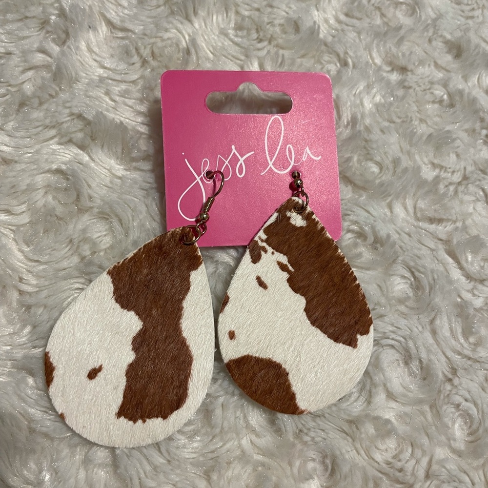 New! Cow print faux fur dangle earrings